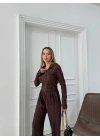 FERMUARLI PARMAK GEÇMELİ KAPÜŞONLU HIRKA VE PANTOLONLU TERS DİKİŞ GOFRE İKİLİ TAKIM KAHVE