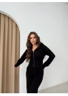 FİTİLLİ HIRKA VE PANTOLONLU İKİLİ EŞOFMAN TAKIMI SİYAH