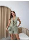 FİYONK DETAY YELEK VE ŞORTLU KETEN İKİLİ TAKIM YEŞİL