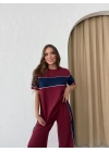 GARNELİ ŞERİT DETAY MODAL İKİLİ TAKIM BORDO