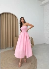 GİPE DETAY STRAPLEZ ELBİSE PEMBE