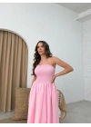 GİPE DETAY STRAPLEZ ELBİSE PEMBE
