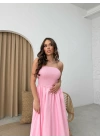 GİPE DETAY STRAPLEZ ELBİSE PEMBE