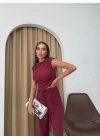 GOFRE BLUZ VE PANTOLONLU İKİLİ TAKIM BORDO