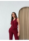 GOFRE DÜĞME DETAY YELEK VE PANTOLONLU İKİLİ TAKIM BORDO