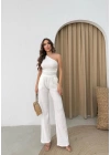 GOFRE TEK OMUZ BLUZ VE PANTOLONLU İKİLİ TAKIM BEYAZ