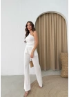 GOFRE TEK OMUZ BLUZ VE PANTOLONLU İKİLİ TAKIM BEYAZ