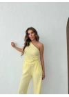 GOFRE TEK OMUZ BLUZ VE PANTOLONLU İKİLİ TAKIM SARI
