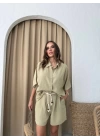 GÖMLEK VE ŞORT KUŞAKLI KETEN İKİLİ TAKIM YEŞİL