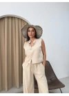 HAKİM YAKA AKSESUAR DETAY BLUZ VE PANTOLONLU KETEN İKİLİ TAKIM KREM