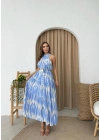 HALTER YAKA BEL KUŞAKLIDESENLİ VİSKON ELBİSE MAVİ