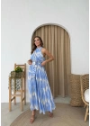 HALTER YAKA BEL KUŞAKLIDESENLİ VİSKON ELBİSE MAVİ