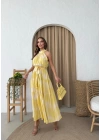 HALTER YAKA BEL KUŞAKLIDESENLİ VİSKON ELBİSE SARI