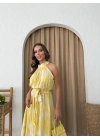 HALTER YAKA BEL KUŞAKLIDESENLİ VİSKON ELBİSE SARI