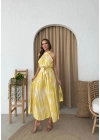 HALTER YAKA BEL KUŞAKLIDESENLİ VİSKON ELBİSE SARI
