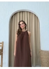 HALTER YAKA UZUN KETEN ELBİSE KAHVE