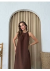 HALTER YAKA UZUN KETEN ELBİSE KAHVE