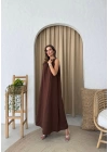 HALTER YAKA UZUN KETEN ELBİSE KAHVE