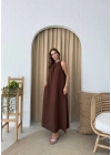 HALTER YAKA UZUN KETEN ELBİSE KAHVE