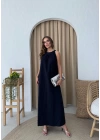 HALTER YAKA UZUN KETEN ELBİSE LACİVERT