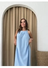 HALTER YAKA UZUN KETEN ELBİSE MAVİ