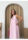 HALTER YAKA UZUN KETEN ELBİSE PEMBE