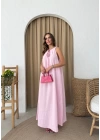 HALTER YAKA UZUN KETEN ELBİSE PEMBE