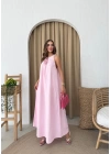 HALTER YAKA UZUN KETEN ELBİSE PEMBE