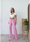 İNCE KEMER BEL LASTİKLİ PALAZZO KETEN PANTOLON PEMBE