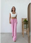 İNCE KEMER BEL LASTİKLİ PALAZZO KETEN PANTOLON PEMBE