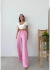 İNCE KEMER BEL LASTİKLİ PALAZZO KETEN PANTOLON PEMBE
