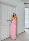 İP ASKILI DANTEL DETAY UZUN KALEM ELBİSE PEMBE
