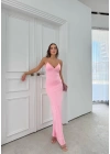 İP ASKILI DANTEL DETAY UZUN KALEM ELBİSE PEMBE