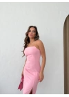 İP ASKILI YIRTMAÇLI KALEM ELBİSE PEMBE