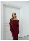 İSPANYOL KOL MADONNA YAKA UZUN TRİKO ELBİSE BORDO