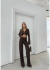 AKSESUAR DETAY BLUZ VE DRAPE PANTOLONLU İKİLİ TAKIM KAHVE
