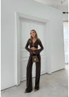 AKSESUAR DETAY BLUZ VE DRAPE PANTOLONLU İKİLİ TAKIM KAHVE