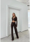 AKSESUAR DETAY BLUZ VE DRAPE PANTOLONLU İKİLİ TAKIM KAHVE