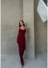 KARE YAKA BEL BAĞLAMA DETAY UZUN KALEM ELBİSE BORDO