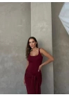 KARE YAKA BEL BAĞLAMA DETAY UZUN KALEM ELBİSE BORDO