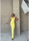 KARE YAKA BEL BAĞLAMA DETAY UZUN KALEM ELBİSE SARI