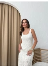 KARE YAKA DANTEL İÇ ASTARLI ETEK ASİMETRİK DETAY ELBİSE BEYAZ