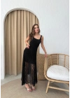 KARE YAKA DANTEL İÇ ASTARLI ETEK ASİMETRİK DETAY ELBİSE SİYAH