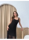 KARE YAKA DANTEL İÇ ASTARLI ETEK ASİMETRİK DETAY ELBİSE SİYAH