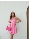 KARE YAKA ETEK PİLELİ ELBİSE PEMBE