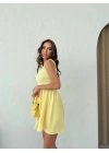 KARE YAKA ETEK PİLELİ ELBİSE SARI