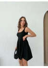 KARE YAKA ETEK PİLELİ ELBİSE SİYAH