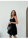 KARE YAKA ETEK PİLELİ ELBİSE SİYAH