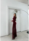 KARE YAKA ETEK TÜL DETAY UZUN ELBİSE BORDO