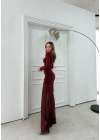KARE YAKA ETEK TÜL DETAY UZUN ELBİSE BORDO